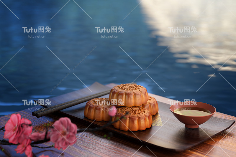 红色背景上的月饼，亚洲传统节日，中秋节。中国的传统节日。3 d渲染。