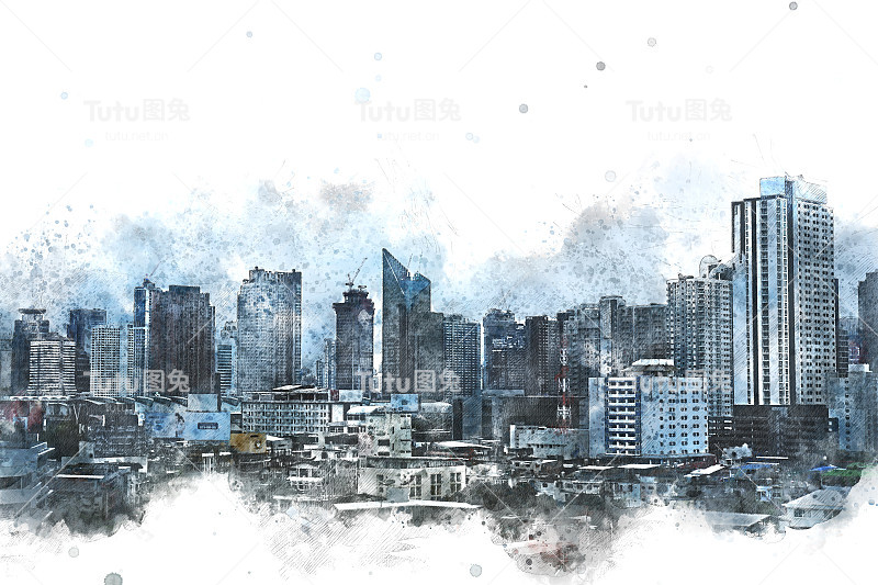 抽象办公楼以城市建筑为背景绘制水彩画。城市上的数字插画刷艺术。