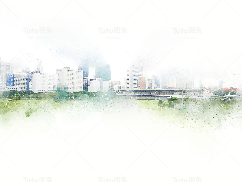 抽象办公楼以城市建筑为背景绘制水彩画。城市上的数字插画刷艺术。