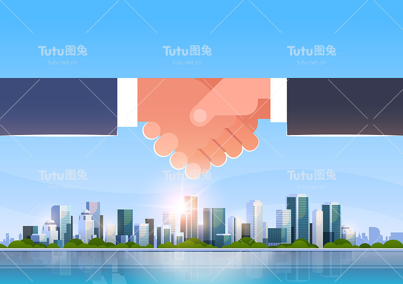握手，图标，商业握手，合作伙伴协议概念，成功的合作，在大的现代城市摩天大楼，城市景观天际线，水平