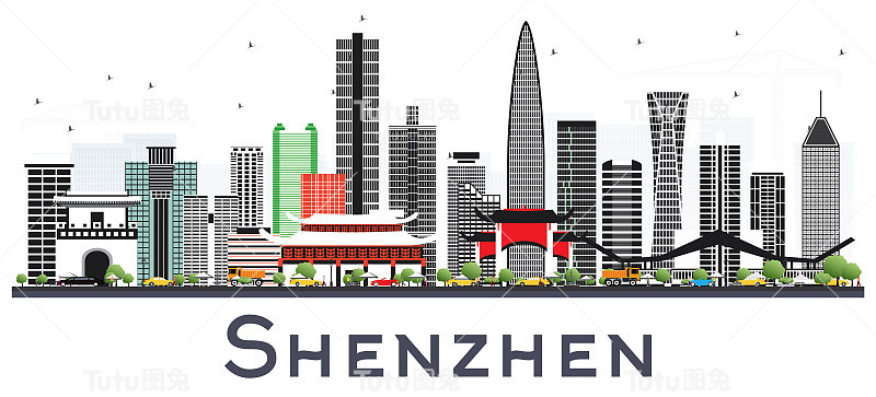 中国深圳城市天际线与彩色建筑隔离在白色。