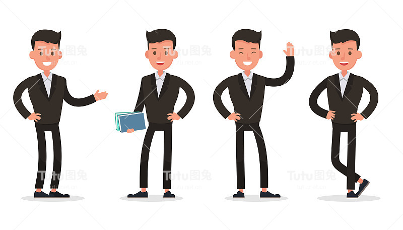 商业人物性格矢量设计。在各种行动和工作中的表现。