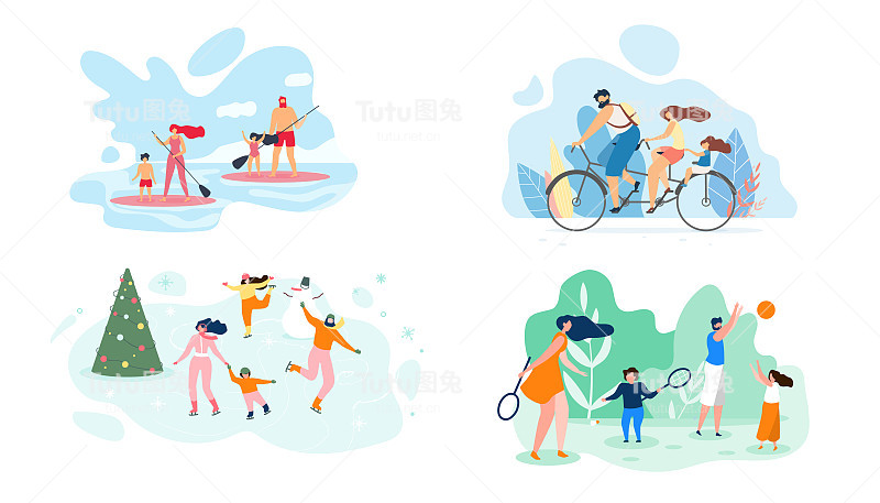 夏季周末在河流整个家庭矢量平坦
