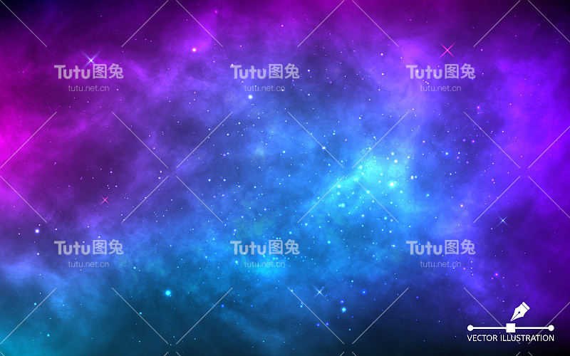 空间背景与星尘和闪烁的星星。逼真多彩的宇宙与星云和银河系。蓝色星系背景。美丽的外太空。无限的宇宙。矢量图