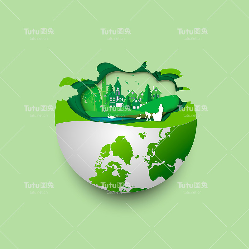 绿色地球生态友好城市和城市森林景观抽象背景。可再生能源生态与环境保护概念纸艺术设计。