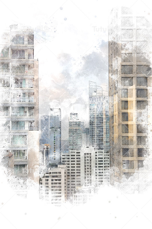 抽象办公楼以城市建筑为背景绘制水彩画。城市上的数字插画刷艺术。