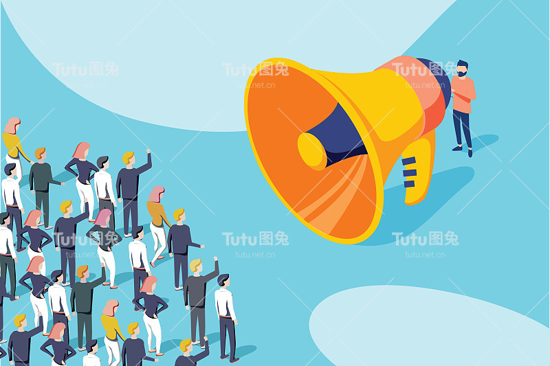 商人或政治家用扩音器向人群宣布的等距矢量。