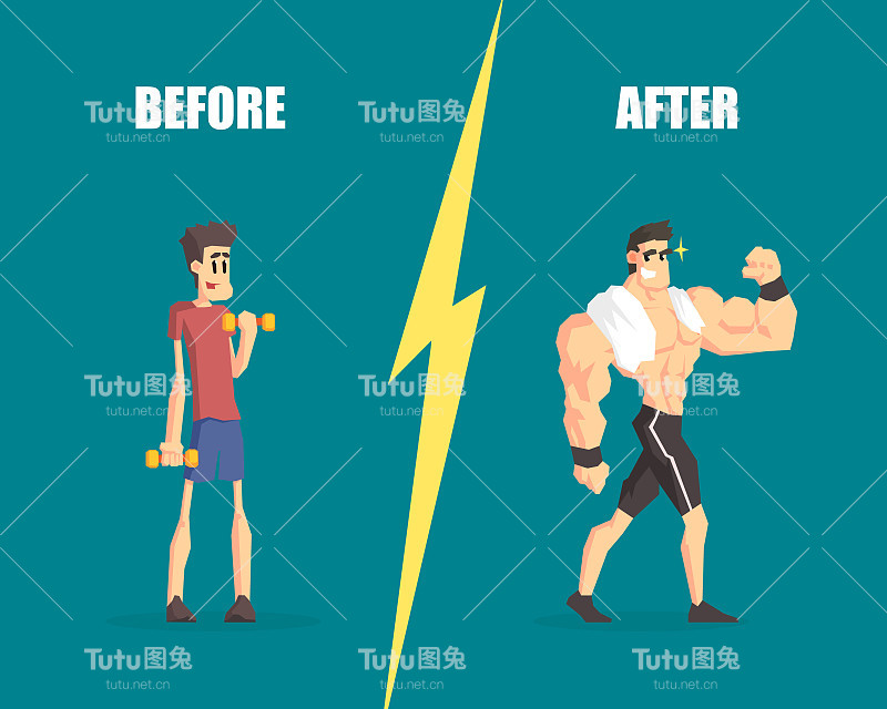 虚弱和肌肉发达的男性，训练前和训练后的男性，训练进展的演示