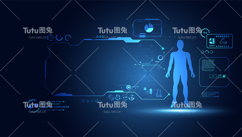 抽象技术科学概念人体数据健康数字:hud界面元素药物分析指纹、大脑、DNA和百分比活力创新在高科技未来的设计背景