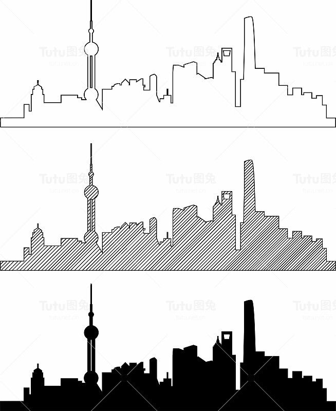 白色的背景勾勒出上海商业区的轮廓。矢量插图。