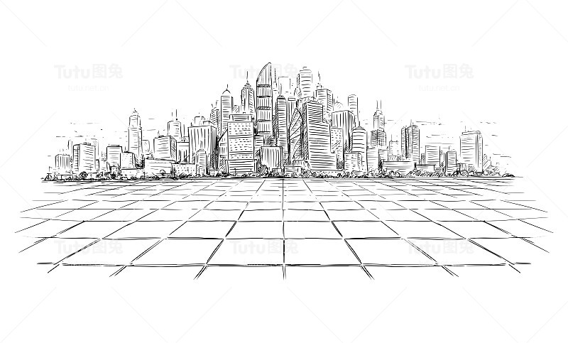 一般城市高层城市景观景观与摩天大楼景观，从空砖地板看
