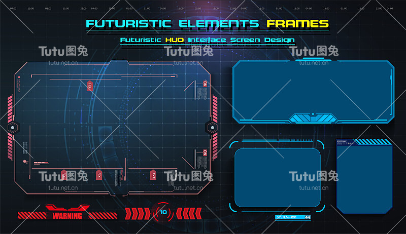 HUD, UI,UX GUI未来的用户界面屏幕元素设置。高科技屏幕的视频游戏。科幻概念设计。插图的编号标题。现代的旗帜，低三分之一的框架。红色的。矢量图