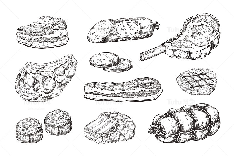 肉牛排。屠宰产品，猪肉，火腿，培根，羊排骨和牛排。矢量手绘烧烤菜单