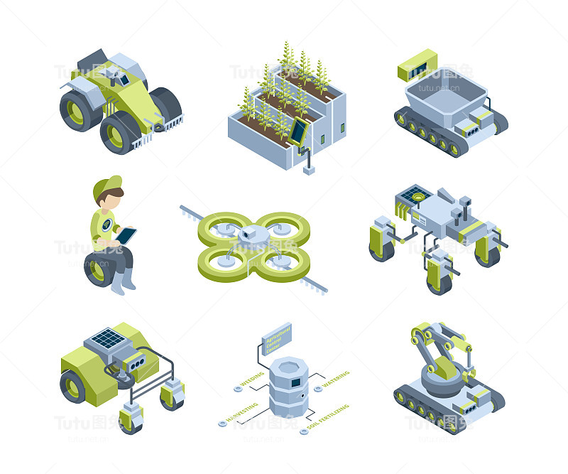 智能农业。未来的工业农场机器，创新的收割机，拖拉机，有机温室机器人工作照明面板矢量等距