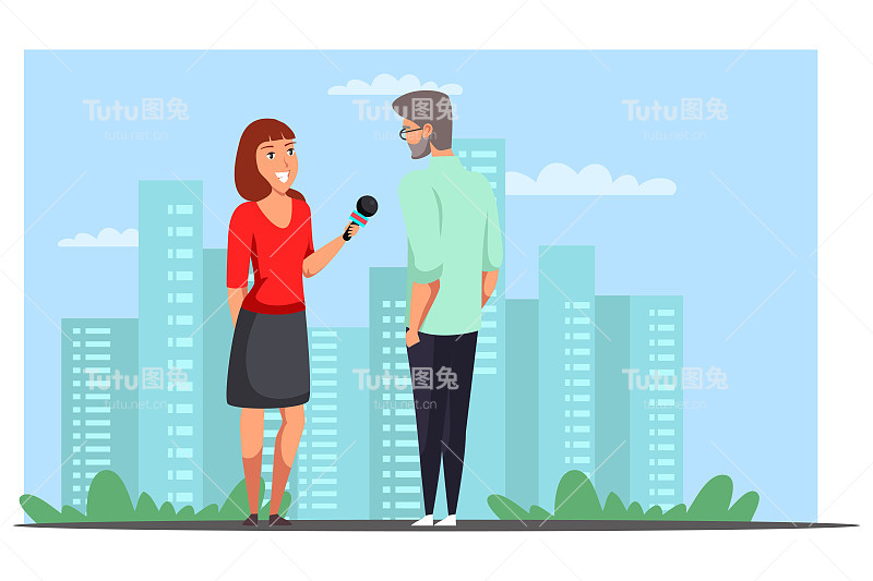 女记者在街上采访成熟的男人