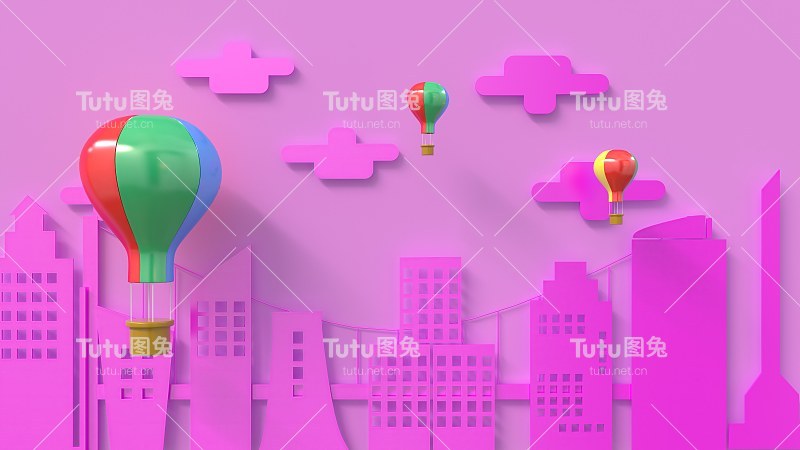 漂浮在城市上空的气球，3d渲染剪纸，3d插画