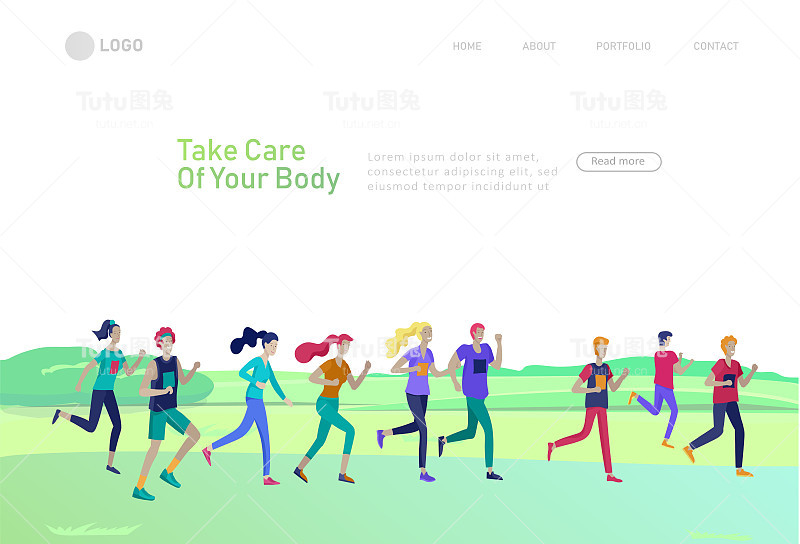 登陆页面模板与跑步组的人，做锻炼的人，夫妇在日落跑步。生活健康有好处的概念。从事户外运动的人们。卡通