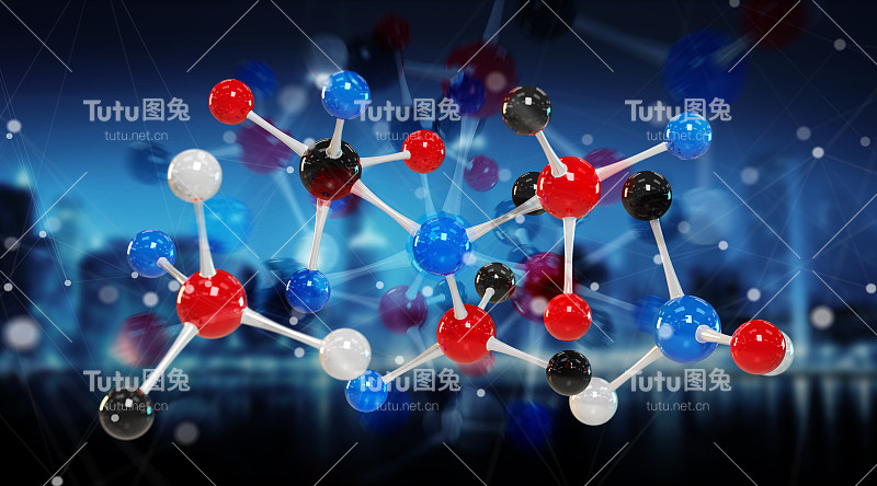 现代数字分子结构孤立的蓝色背景3D渲染