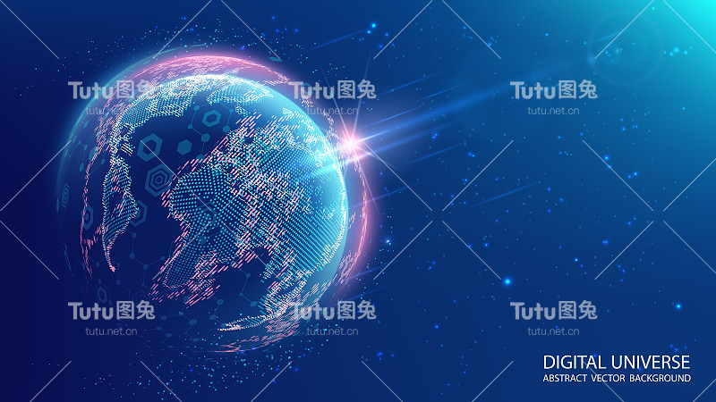 来自太空的蓝色星球地球。向量。大陆地图。全球通信系统和万维网。技术和通信。全球化。发光的球体。