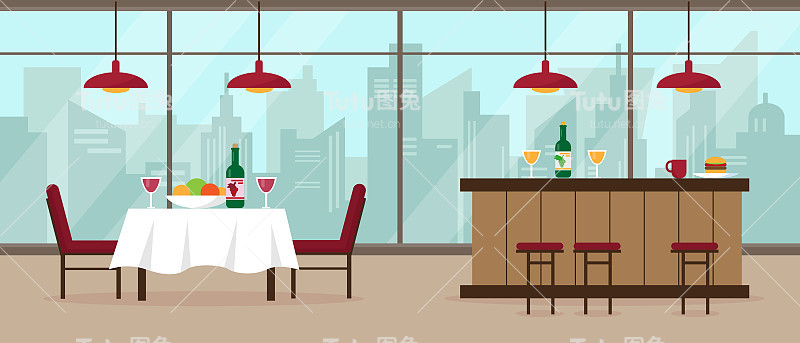 现代餐厅和酒吧内部有大的全景窗口和城市景观。室内概念矢量插图或背景。