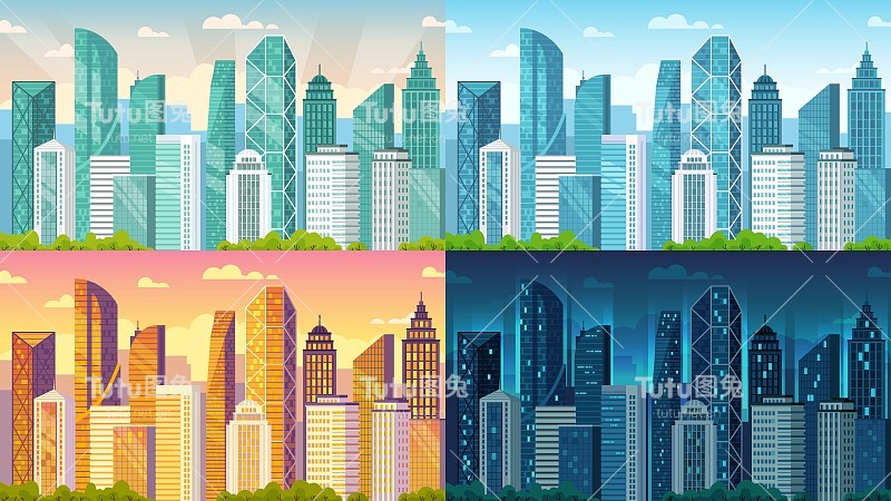 城市一天时间。城市建筑在早晨，白天，日落和夜晚城镇视图卡通矢量背景插图设置