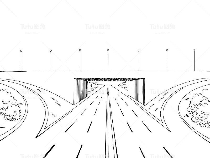 高速公路过桥道路图形黑白景观素描插图矢量