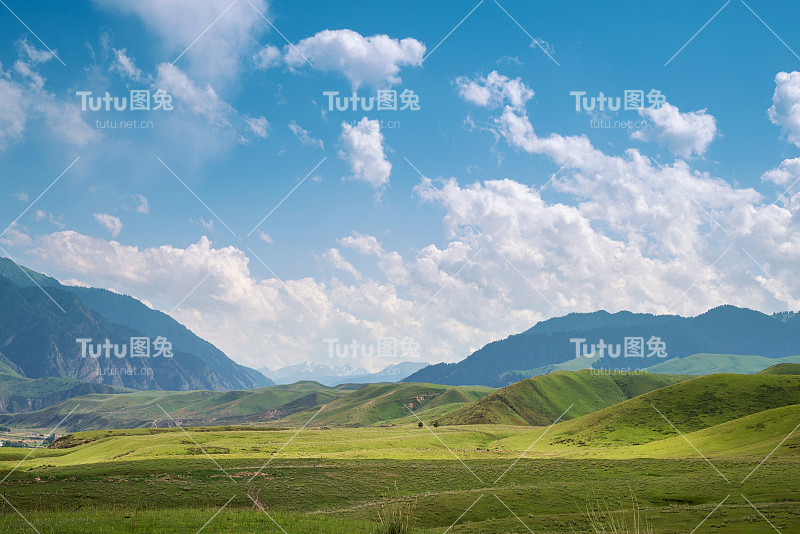 山区自然景观的草绿色草地在蓝天的背景