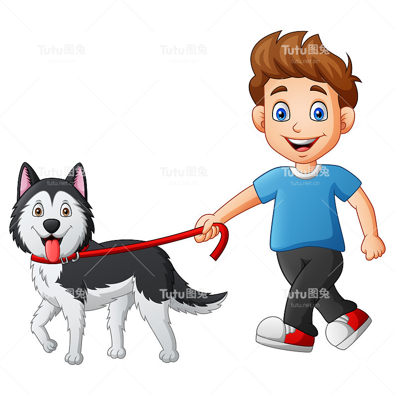卡通男孩遛狗