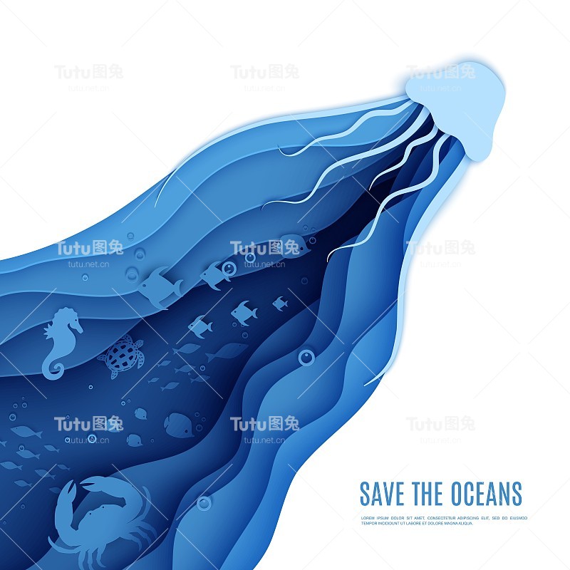 剪纸蝴蝶，水母，翻车鱼，海龟，海马体，螃蟹，章鱼。纸工艺广场背景下的海洋洞穴与鱼类珊瑚礁海底海藻波。矢量海洋生物