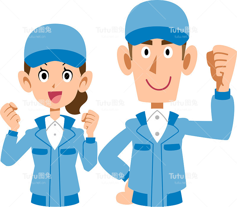 上身穿着蓝色工作服的男人和女人