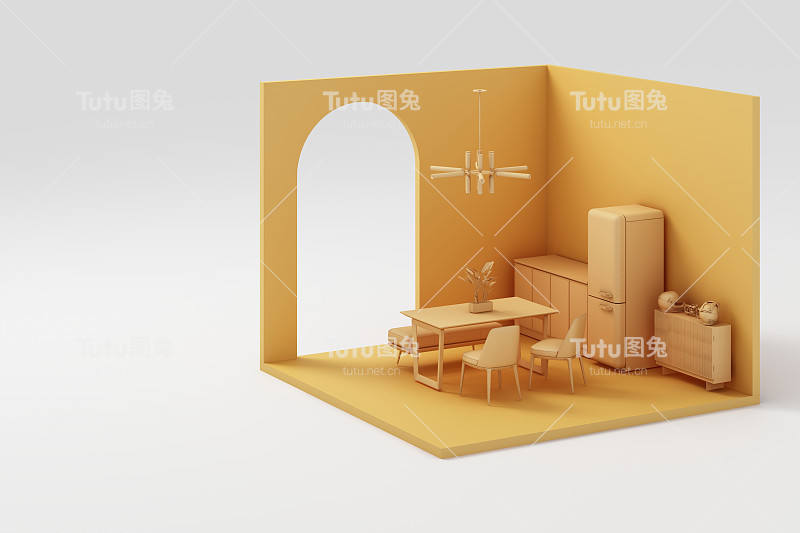 一套黄色家具模拟和等距墙3d渲染