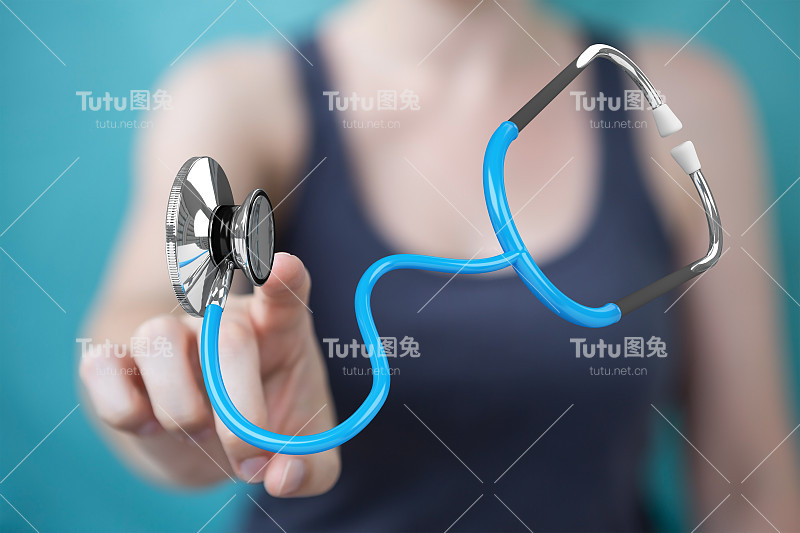 商人女人在模糊的背景持有和触摸浮动听诊器3D渲染