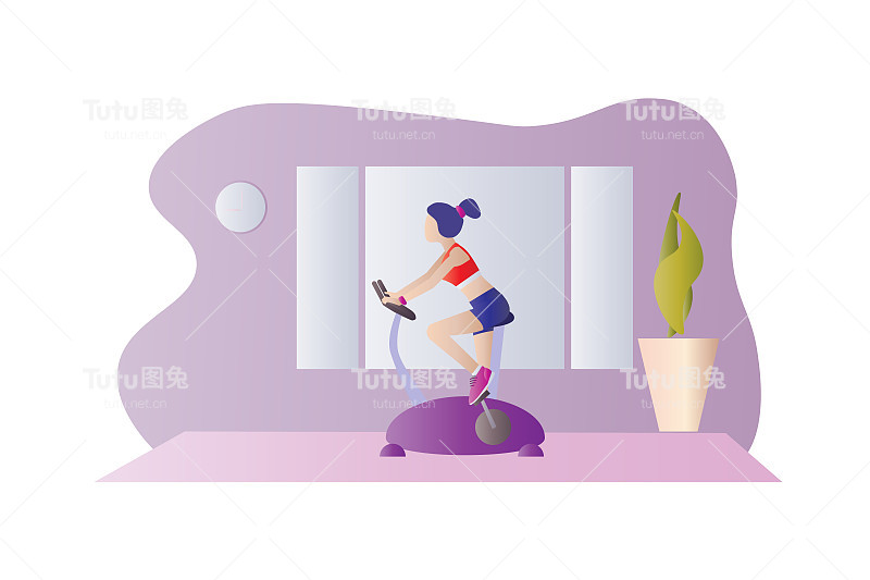 运动女孩在家里的客厅里骑着健身自行车