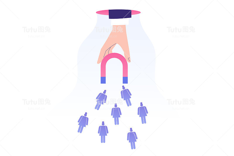 目标市场营销的概念。用磁铁吸引女性象形文字的手。成功的消费者和目标。公共关系。焦点小组。网络广告。向量股票插图