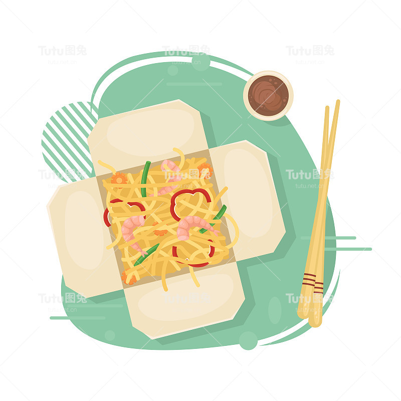 用盒子把中国食物送到你家里。盒装亚洲食品。虾仁蔬菜炒面。平的插图。
