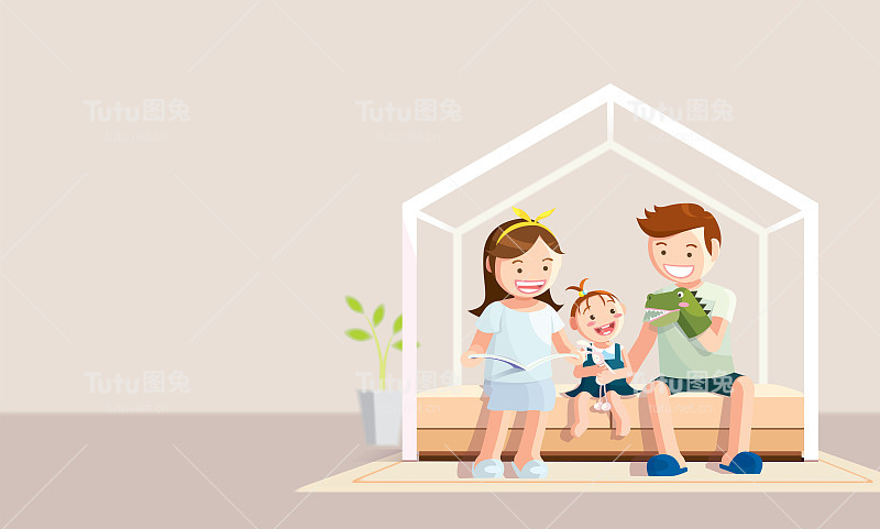 呆在家里旗帜。新冠肺炎疫情期间居家幸福家庭扁平化的矢量