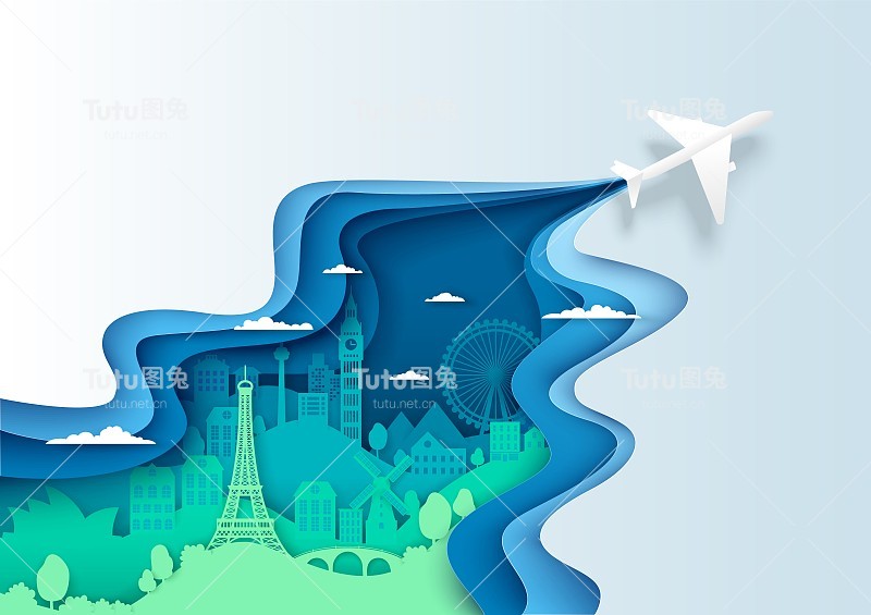 航空旅行概念向量分层剪纸风格插图