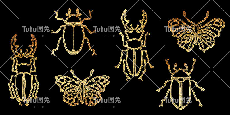 一套黄金昆虫，豪华闪闪发光的插图装饰请柬，贺卡，证书