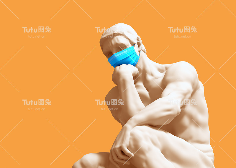 医用面具中的思想者。冠状病毒检疫的概念。