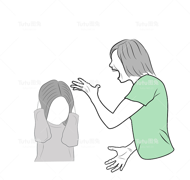 家庭冲突。妈妈对着宝宝大喊。虐待儿童。矢量插图。