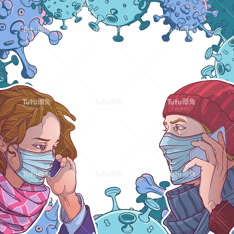 戴着医用防护口罩的欧洲夫妇正在打电话。