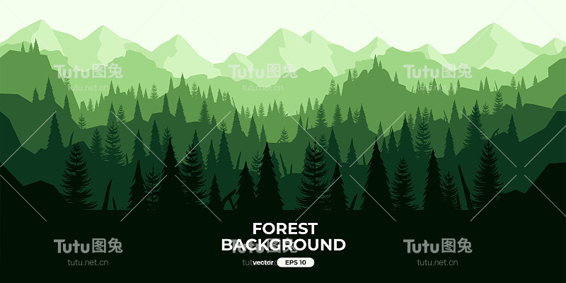 无缝的森林景观。五颜六色的剪影与树木，松树，冷杉，山和小山。带有视差效果的分层背景。平面风格矢量插图。简单的卡通设计。