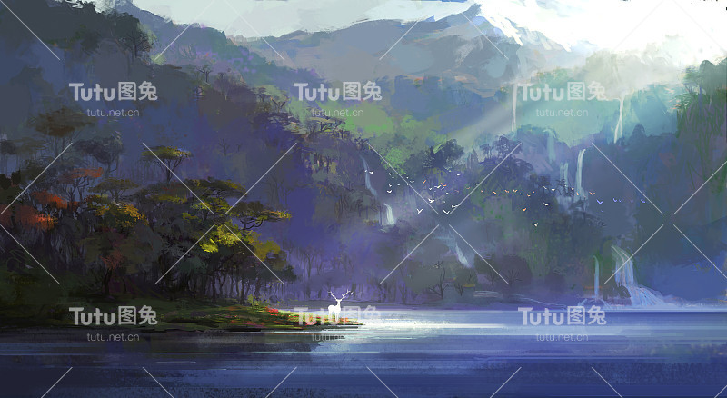 一只鹿站在一个僻静的湖边，数字插图。