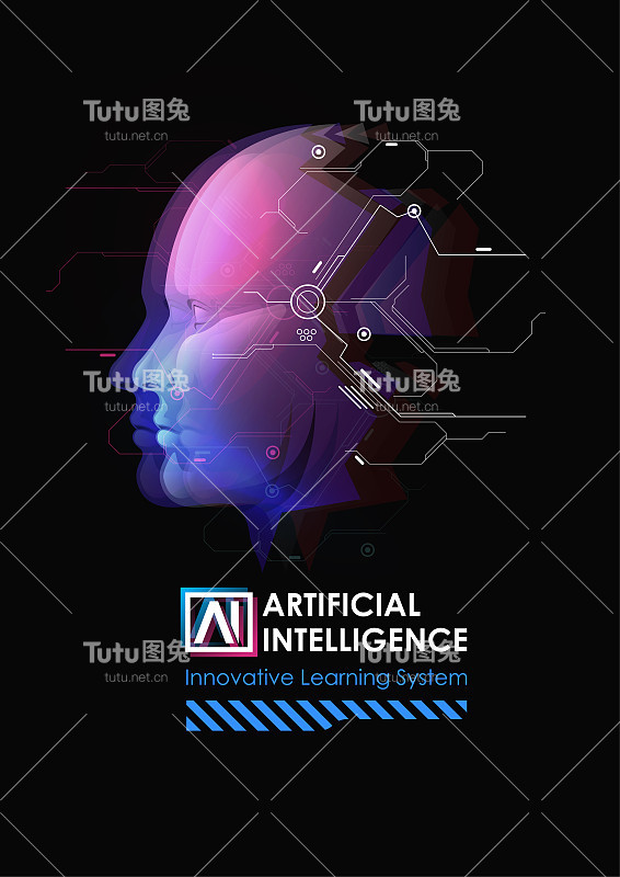 人工智能与大数据、物联网概念。智能寓言。人类的脸。机器学习和网络思维控制。