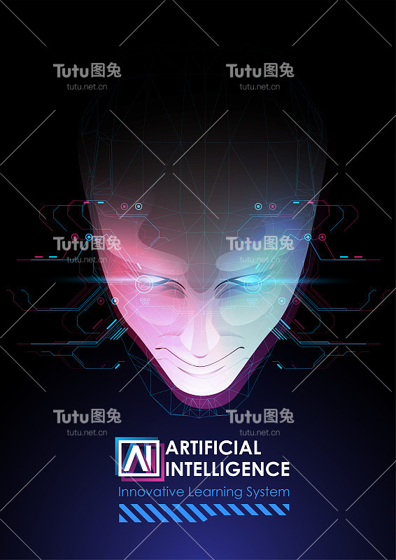 机器人或人类头部增强。机器学习和网络思维控制的概念。AI with Digital Face正在学习处理大数据，分析信息。