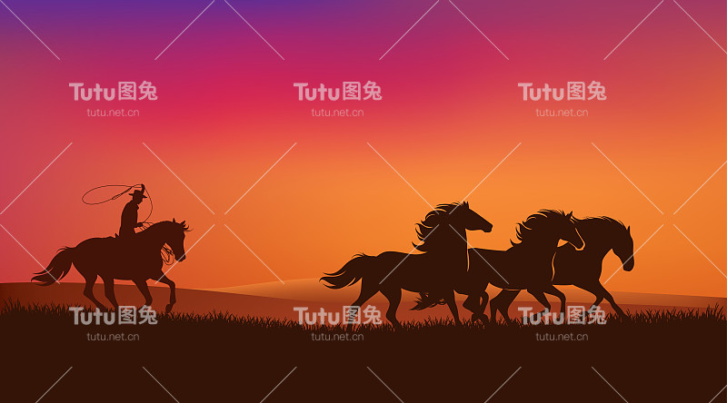 牛仔用套索追赶野马群在日落草原矢量景观
