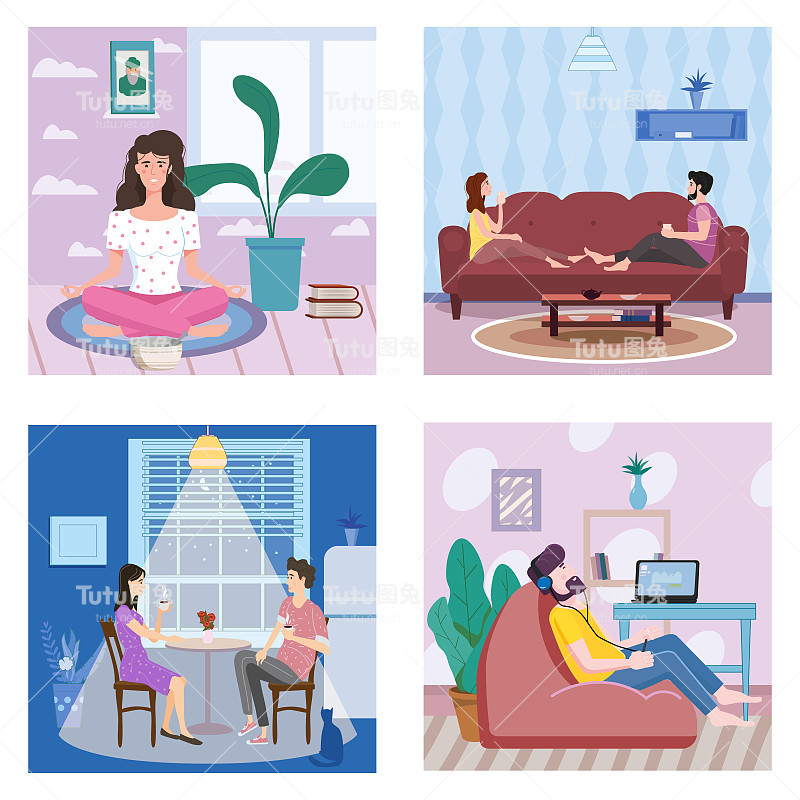 设横幅待在家里。女人练瑜伽，男人听音乐。年轻夫妇在社交隔离中喝酒或喝咖啡。病毒大流行期间的媒介社会说明。横幅孤立