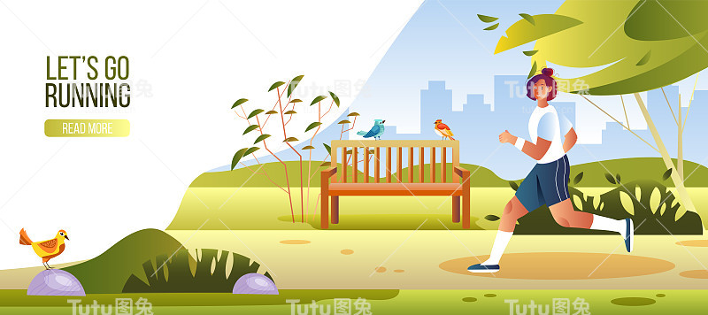 让我们去跑步横幅上的健康女性角色在城市公园慢跑。