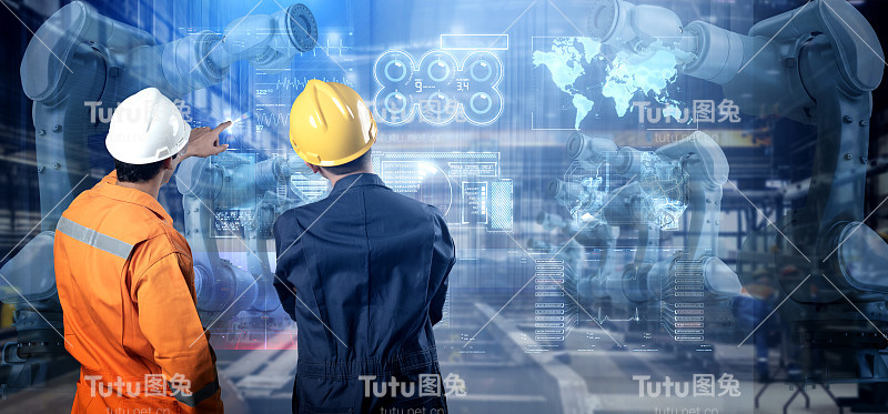 智能工厂机器物联网物联网数字技术工程师团队工作，未来智能工业制造数字过程AI管理技术应用系统自动机器人控制