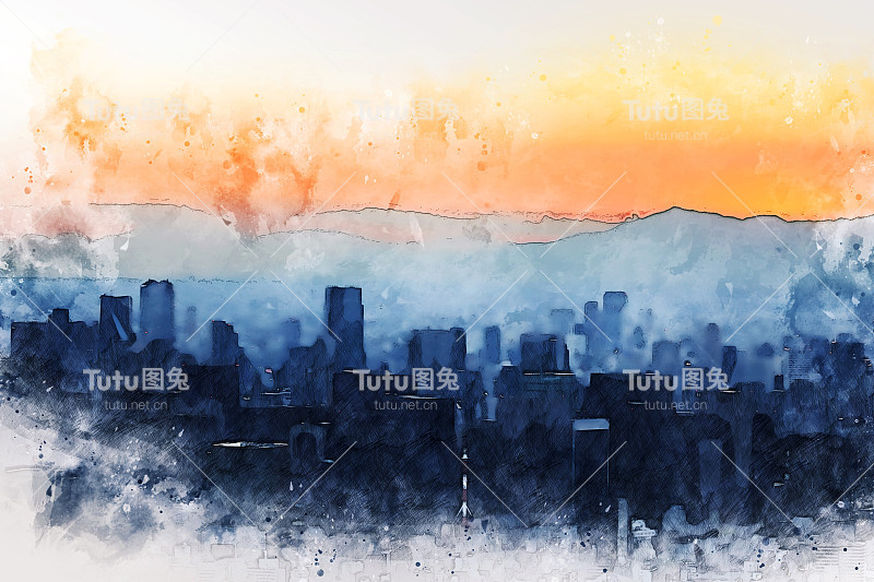 抽象办公楼以城市建筑为背景绘制水彩画。城市上的数字插画刷艺术。